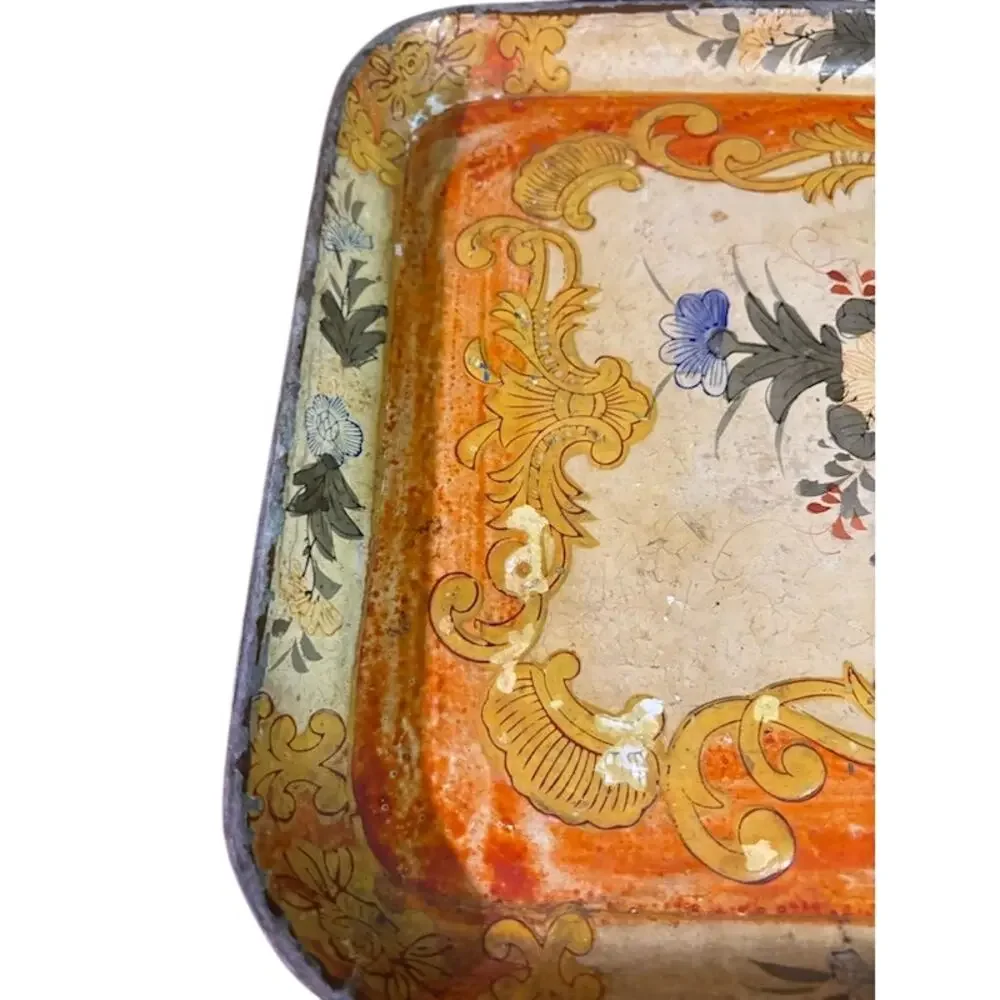 Vintage Japanese Paper Mache Tray 10x14 Floral Gold Orange A.L. Inc NY Decor